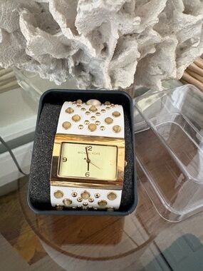 MICHAEL Michael Kors White and Gold Studded Wide Cuff Watch